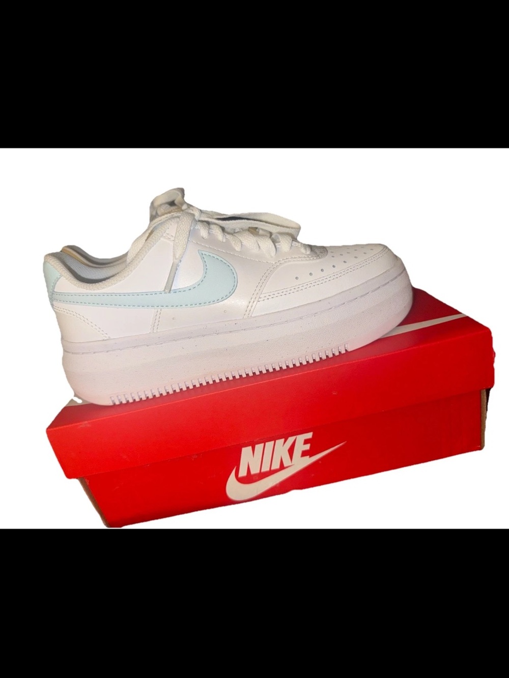 Nike Womens White Sneakers with Light Blue Swoosh
